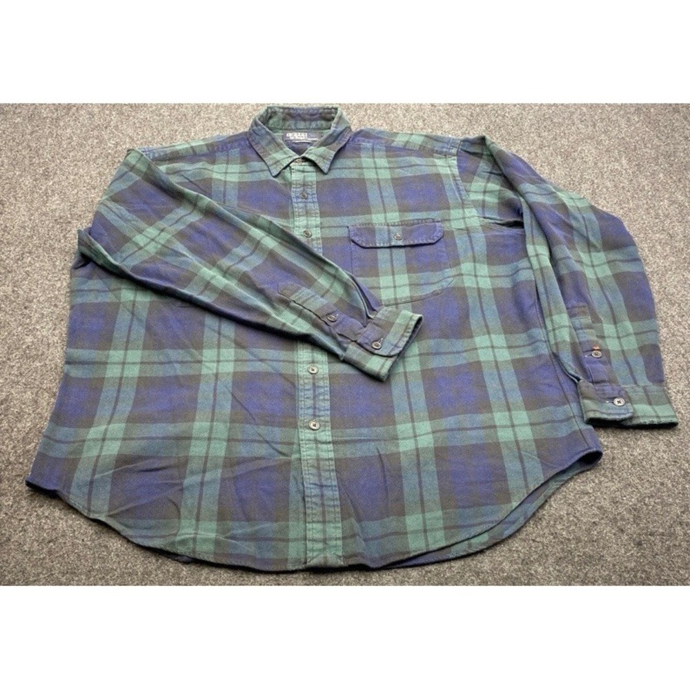 Polo Ralph Lauren G.I. Shirt Men Large Green Blue Plaid Cotton Flannel Button Up